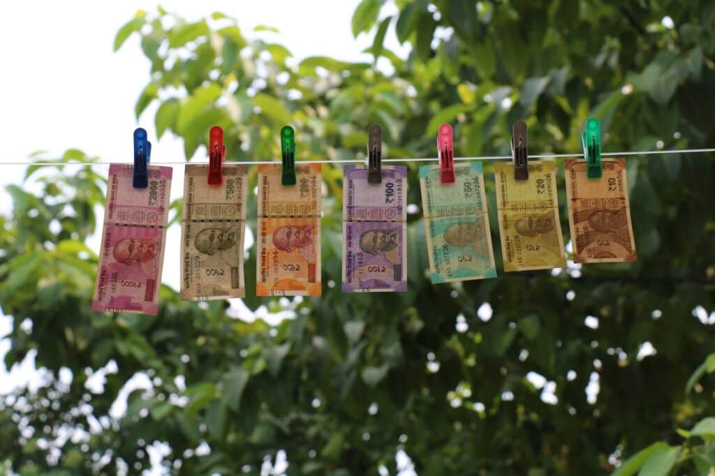 indian money rupee on a clothesline