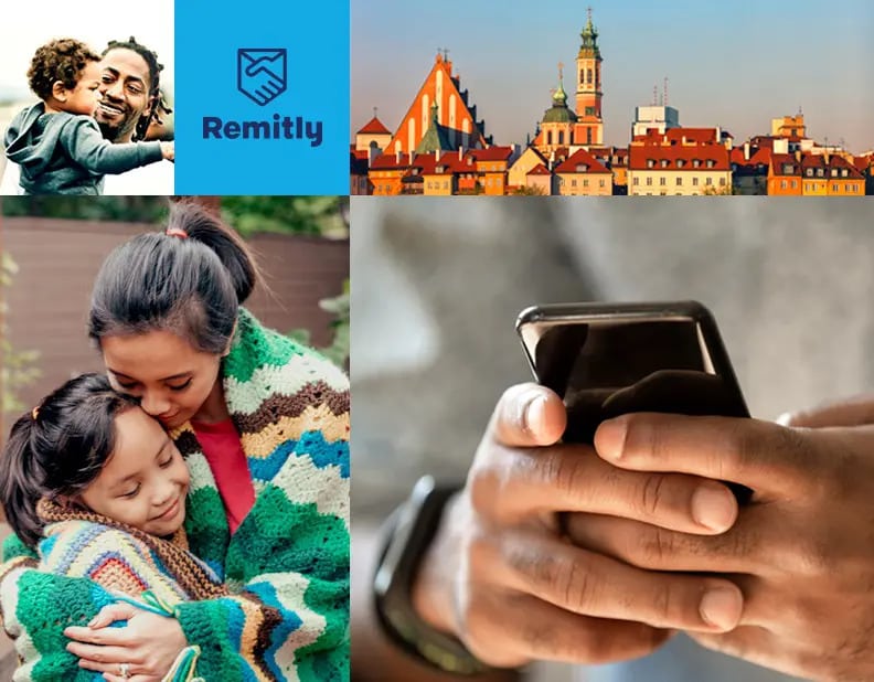 Collage of photos with the Remitly logo