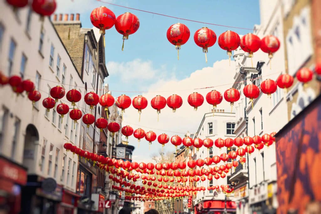 Red lanterns on a street