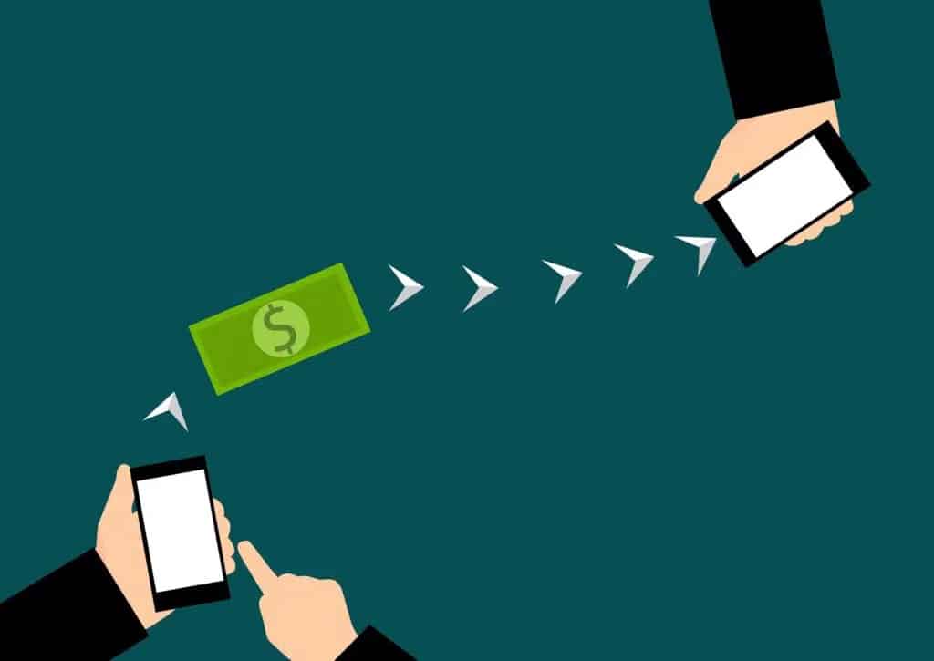 Illustration of a person sending money to another phone