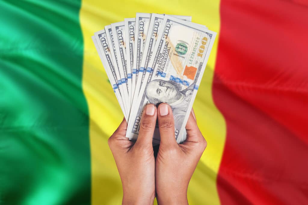 Senegal currency: person holding some bills with the Senegal flag in the background