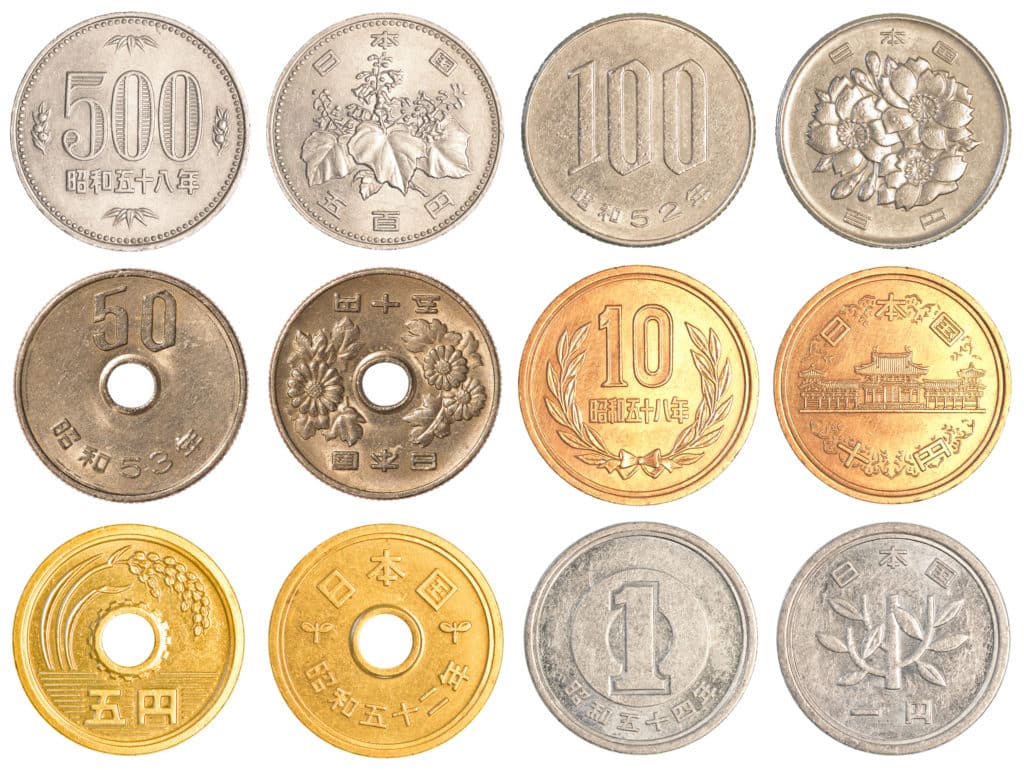 1, 5, 10, 50, 100, and 500 yen coins
