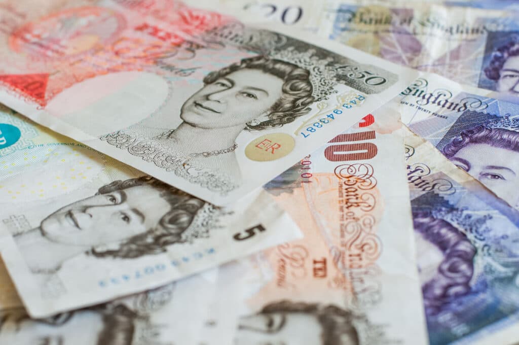 United Kingdom currency: close-up shot of British bills