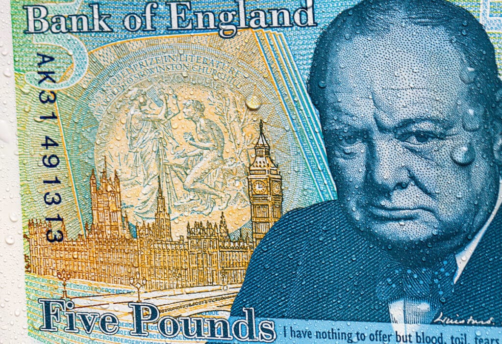 United Kingdom currency: close-up shot of a British 5-pound bill