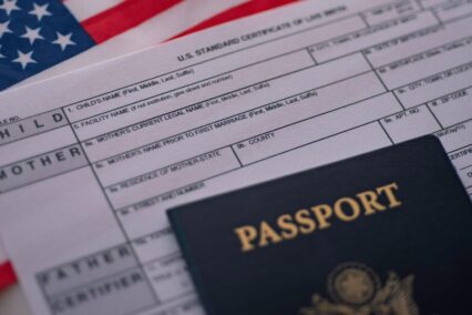 What is naturalization: U.S. flag, passport, and a document