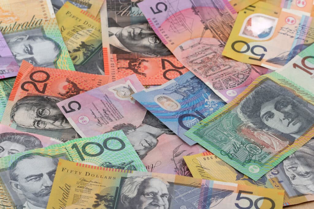 Close-up shot of Australian currency bills