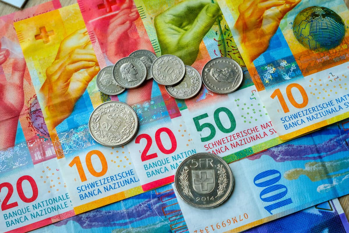 Close-up shot of Swiss franc bills and coins