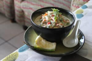 kokoda soup in bowl with a spoon