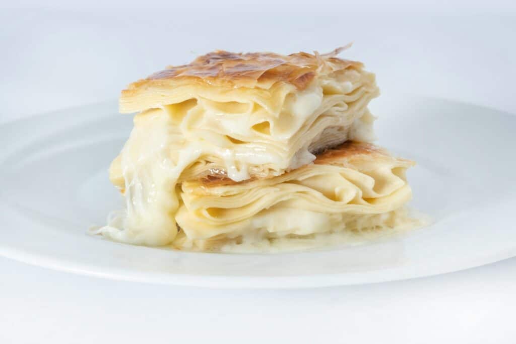 Börek on white ceramic plate