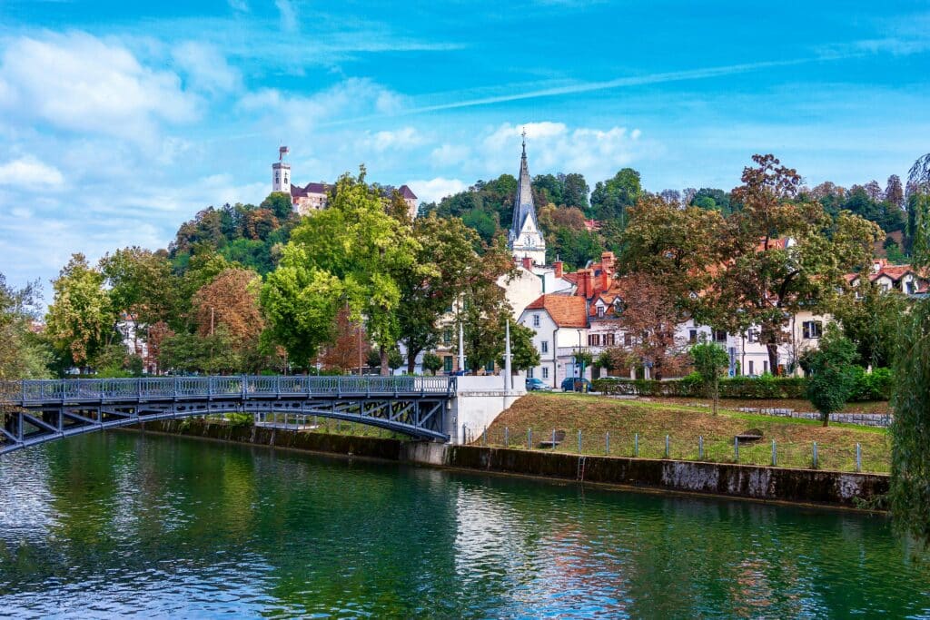 Old Town near riverbank in Ljubljana