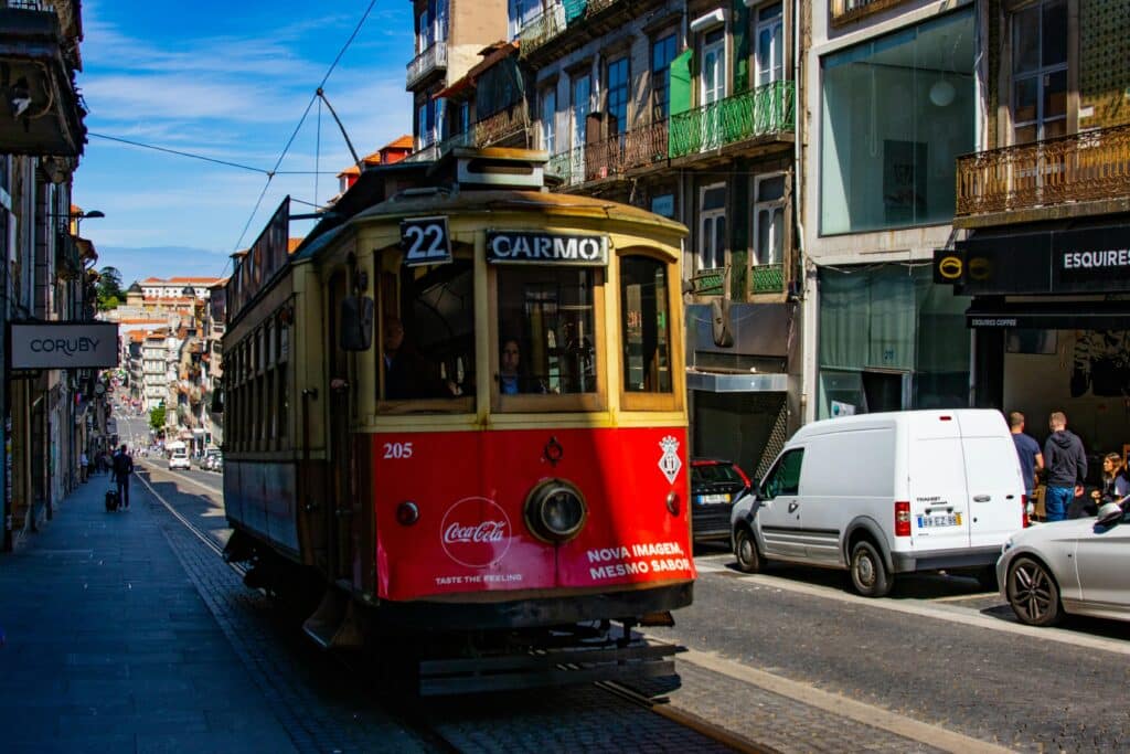 Red tram in Porto, Portugal