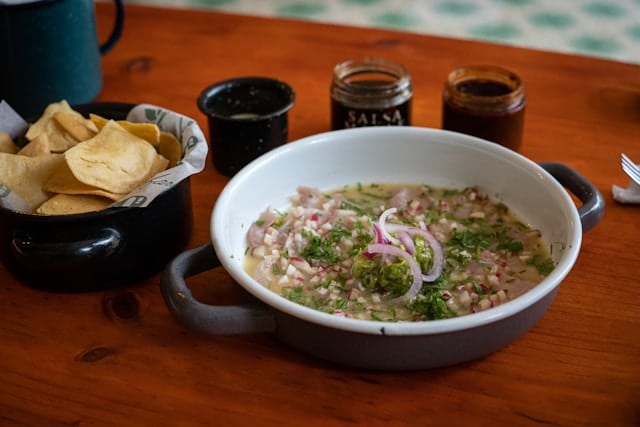 Bowl of ceviche with sauces