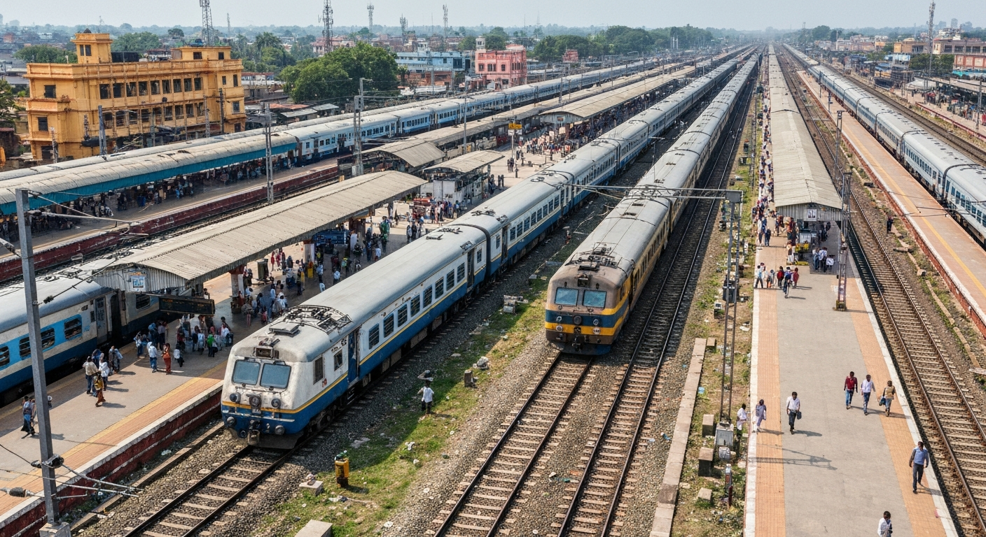 Aerial view of Indian train station